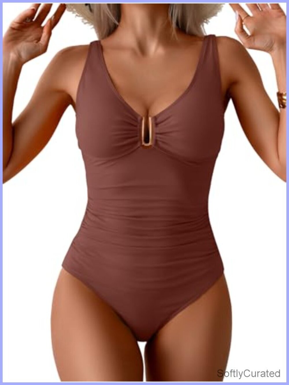 Tummy Control Ruched One Piece Swimsuit with Push Up V Neck